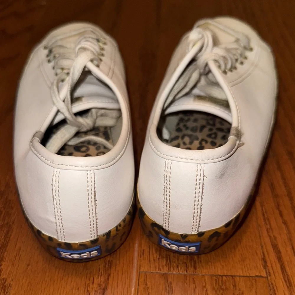 Women's Keds White Leather Sneakers with Leopard Trim - Picture 2 of 4